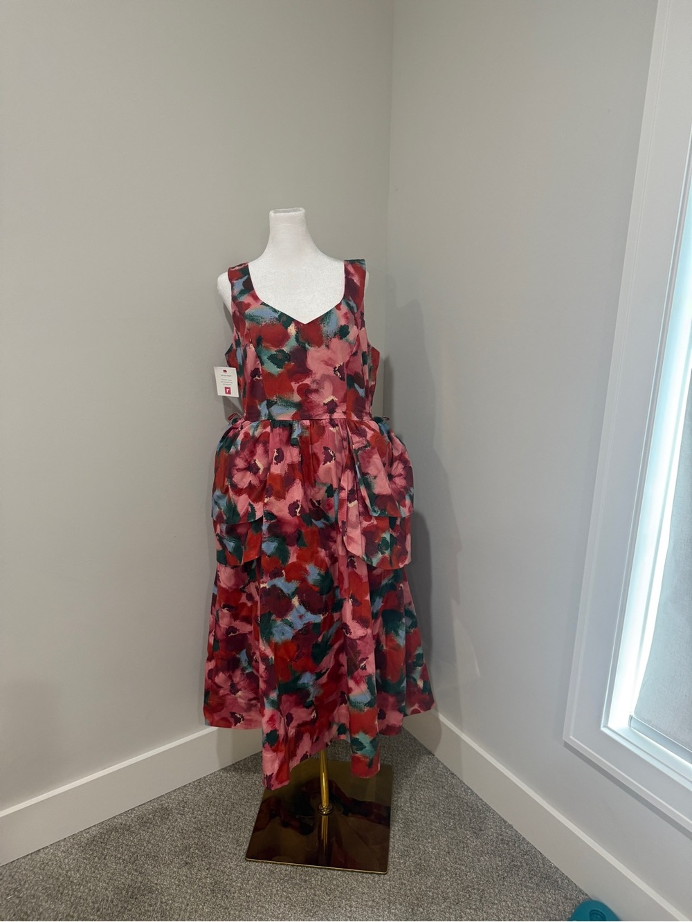 NWT PROSPERINA DIANA PINK MULTI FLORAL PRINT COTTON BELTED MIDI DRESS, size L
